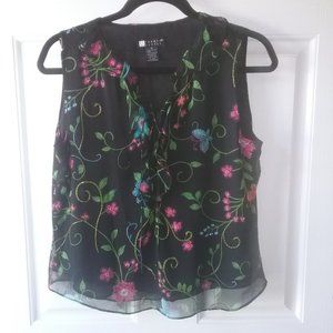 Carole Little Black Silk Top w/beaded flowers
